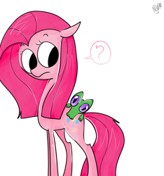 Size: 1024x1093 | Tagged: safe, artist:chandelurres, imported from derpibooru, gummy, pinkie pie, earth pony, pony, duo, female, male, mare, pinkamena diane pie, question mark, simple background, transparent background