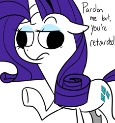 Size: 1024x1093 | Tagged: safe, artist:chandelurres, imported from derpibooru, rarity, pony, unicorn, derp, dialogue, female, mare, retarded, simple background, solo, vulgar