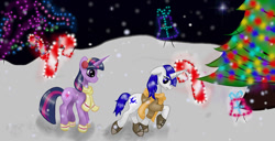 Size: 1024x524 | Tagged: safe, artist:nutmeg04, imported from derpibooru, twilight sparkle, oc, pony, unicorn, candy, candy cane, christmas, christmas lights, christmas tree, clothes, coat, concentrating, earmuffs, female, food, holiday, male, mare, raised hoof, scarf, side view, snow, snowfall, stallion, tree