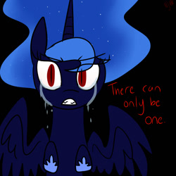 Size: 1024x1024 | Tagged: safe, artist:chandelurres, imported from derpibooru, nightmare moon, alicorn, pony, crying, dialogue, female, mare, simple background, solo