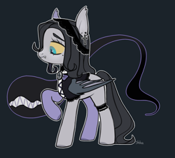 Size: 2057x1857 | Tagged: safe, artist:shika, imported from derpibooru, oc, oc only, bat pony, pony, bat wings, clothes, colored sclera, cross, dark gray background, ear fluff, ear piercing, earring, fangs, female, folded wings, frown, goth, jewelry, mare, piercing, raised hoof, simple background, solo, wings