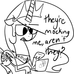 Size: 1024x1024 | Tagged: safe, artist:chandelurres, imported from derpibooru, applejack, princess celestia, alicorn, earth pony, pony, apple (company), computer, dialogue, female, hat, horn, mare, simple background, wings