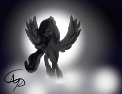 Size: 1300x1000 | Tagged: safe, artist:nutmeg04, imported from derpibooru, oc, oc:blueheart, pegasus, pony, eyes closed, monochrome, pegasus oc, simple background, solo, spread wings, turned head, wings