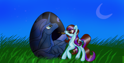 Size: 1366x698 | Tagged: safe, artist:nutmeg04, imported from derpibooru, princess luna, oc, oc:nutmeg, earth pony, pony, earth pony oc, easter, easter egg, grass, grass field, holiday, multicolored hair, painting, simple background, solo
