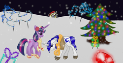 Size: 2000x1022 | Tagged: safe, artist:nutmeg04, imported from derpibooru, derpy hooves, twilight sparkle, oc, pegasus, pony, unicorn, christmas, christmas lights, christmas tree, clothes, earmuffs, exhausted, female, hat, holiday, male, mare, santa hat, scarf, snow, snowfall, stallion, tree