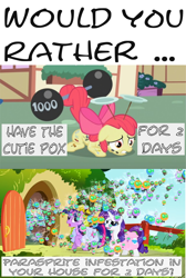 Size: 740x1104 | Tagged: safe, edit, edited screencap, imported from derpibooru, screencap, apple bloom, rarity, twilight sparkle, earth pony, parasprite, pony, unicorn, swarm of the century, the cutie pox, bag, cutie pox, female, fence, filly, fluttershy's cottage, foal, plate spinning, prehensile tail, saddle bag, tail, tail hold, text, unicorn twilight, weight lifting, weights, would you rather