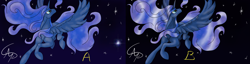 Size: 5935x1521 | Tagged: safe, artist:nutmeg04, imported from derpibooru, princess luna, alicorn, pony, comparison, ethereal mane, ethereal tail, female, mare, solo, spread wings, starry background, tail, wings