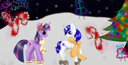 Size: 3050x1558 | Tagged: safe, artist:nutmeg04, imported from derpibooru, twilight sparkle, oc, unicorn, candy, candy cane, christmas, christmas lights, christmas tree, clothes, earmuffs, female, food, holiday, looking back, male, mare, scarf, side view, snow, stallion, tree