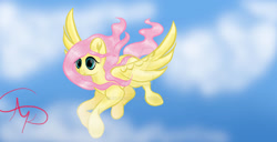 Size: 1024x524 | Tagged: safe, artist:nutmeg04, imported from derpibooru, fluttershy, pegasus, pony, female, flying, looking offscreen, mare, simple background, solo, spread wings, windswept mane, wings