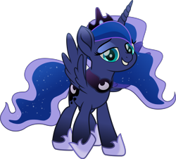 Size: 5698x5158 | Tagged: safe, artist:lincolnbrewsterfan, derpibooru exclusive, imported from derpibooru, part of a set, princess luna, alicorn, pony, derpibooru, series:apri(luna) fools!, my little pony: the movie, .svg available, :d, absurd resolution, april fools, april fools 2023, blue eyes, blue mane, blue tail, clothes, colored pupils, crown, cyan eyes, ethereal mane, ethereal tail, eyeshadow, female, flowing mane, flowing tail, grin, horn, inkscape, jewelry, lidded eyes, long horn, long mane, long tail, looking at you, makeup, mare, meta, moon, movie accurate, open mouth, open smile, part of a series, peytral, raised hoof, regalia, shoes, simple background, smiling, smiling at you, solo, standing, svg, tail, teal eyes, teeth, transparent background, trotting, vector