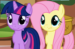 Size: 884x586 | Tagged: safe, imported from derpibooru, screencap, fluttershy, twilight sparkle, pegasus, pony, unicorn, a bird in the hoof, season 1, :t, cropped, cute, duo, duo female, female, mare, shyabetes, twiabetes, unicorn twilight