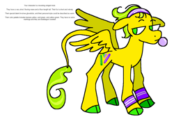 Size: 1316x900 | Tagged: safe, artist:msponies, imported from derpibooru, oc, oc only, hybrid, mule, blowing bubblegum, bubblegum, cloven hooves, headband, leonine tail, lidded eyes, ms paint, oc creator, pegamule, perchance, simple background, solo, tail, text, white background, wristband