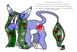 Size: 1316x900 | Tagged: safe, artist:msponies, imported from derpibooru, oc, oc only, hybrid, mule, cloven hooves, flower, flower in hair, horn, leonine tail, ms paint, muleicorn, oc creator, open mouth, open smile, perchance, simple background, smiling, solo, tail, text, white background