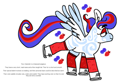 Size: 1316x900 | Tagged: safe, artist:msponies, imported from derpibooru, oc, oc only, pegasus, pony, body markings, chubby, clothes, coat markings, ice skating, lidded eyes, ms paint, oc creator, perchance, raised leg, simple background, socks, solo, spread wings, swirls, swirly markings, tail, text, white background, wings