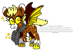 Size: 1316x900 | Tagged: safe, artist:msponies, imported from derpibooru, oc, oc only, bat pony, bat pony oc, bat wings, clothes, female, flower, looking up, mare, ms paint, oc creator, perchance, raised hoof, scarf, simple background, smiling, solo, spread wings, tail, unshorn fetlocks, white background, wings