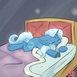 Size: 2000x2000 | Tagged: safe, artist:jubyskylines, imported from derpibooru, trixie, pony, unicorn, bed, cute, diatrixes, eyes closed, female, high res, horn, lying down, lying on bed, mare, on bed, signature, sleeping, solo