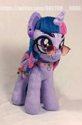 Size: 1920x2902 | Tagged: safe, artist:doctorkoda, imported from derpibooru, twilight sparkle, pony, unicorn, accessory, collar, ear piercing, earring, female, glasses, horn, irl, jewelry, mare, photo, piercing, plushie, smiling, standing, unicorn twilight