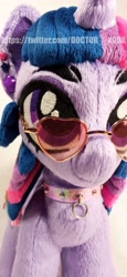 Size: 1890x4096 | Tagged: safe, artist:doctorkoda, imported from derpibooru, twilight sparkle, pony, unicorn, accessory, collar, ear piercing, earring, female, glasses, horn, irl, jewelry, mare, photo, piercing, plushie, smiling, standing, unicorn twilight