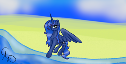 Size: 1900x971 | Tagged: safe, artist:nutmeg04, imported from derpibooru, princess luna, alicorn, pony, beach, female, looking at you, mare, shore, simple background, solo, spread wings, wings