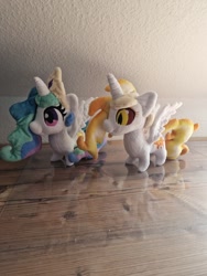 Size: 1536x2048 | Tagged: safe, artist:varonya, imported from derpibooru, daybreaker, princess celestia, alicorn, pony, duo, duo female, female, horn, irl, jewelry, mare, photo, plushie, spread wings, standing, tiara, wings