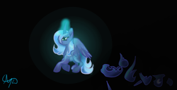 Size: 1366x698 | Tagged: safe, artist:nutmeg04, imported from derpibooru, nightmare moon, princess luna, alicorn, pony, armor, female, glowing, glowing horn, horn, looking offscreen, mare, punishment, s1 luna, side view, simple background, solo, walking