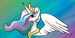 Size: 1366x698 | Tagged: safe, artist:nutmeg04, imported from derpibooru, princess celestia, alicorn, pony, female, flowing mane, gasping, jewelry, looking off, mare, regalia, side view, simple background, solo, spread wings, wings