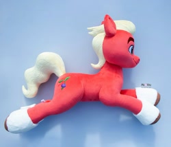 Size: 1600x1367 | Tagged: safe, artist:meplushyou, imported from derpibooru, sprout cloverleaf, earth pony, pony, commission, g5, irl, life size, lying down, male, photo, plushie, prone, smiling, solo, stallion, unshorn fetlocks