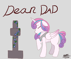 Size: 5724x4729 | Tagged: safe, artist:backgroundpony#f352, imported from derpibooru, princess flurry heart, alicorn, eyes closed, female, flower, gravestone, gray background, horn, implied death, jewelry, mare, necklace, sad, simple background, solo, story included, wings