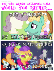 Size: 963x1277 | Tagged: safe, edit, edited screencap, imported from derpibooru, screencap, joan pommelway, plaid stripes, roger silvermane, sterling silver, strawberry ice, zephyr breeze, earth pony, pegasus, pony, flutter brutter, the saddle row review, bust, clothes, female, filly, foal, glasses, mannequin, mirror, ponytail, spoon, text, would you rather