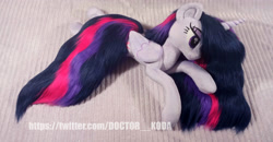 Size: 3523x1836 | Tagged: safe, artist:doctorkoda, imported from derpibooru, twilight sparkle, alicorn, pony, commission, female, folded wings, horn, irl, lidded eyes, lying down, mare, photo, plushie, prone, smiling, solo, twilight sparkle (alicorn), wings