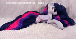 Size: 3711x1920 | Tagged: safe, artist:doctorkoda, imported from derpibooru, twilight sparkle, alicorn, pony, commission, female, folded wings, horn, irl, lidded eyes, lying down, mare, photo, plushie, prone, smiling, solo, twilight sparkle (alicorn), wings