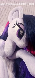 Size: 1890x4096 | Tagged: safe, artist:doctorkoda, imported from derpibooru, twilight sparkle, alicorn, pony, commission, female, folded wings, horn, irl, lidded eyes, lying down, mare, photo, plushie, prone, smiling, solo, twilight sparkle (alicorn), wings