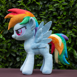 Size: 3117x3134 | Tagged: safe, artist:rtryart, imported from derpibooru, rainbow dash, pegasus, pony, female, irl, mare, outdoors, photo, plushie, smiling, solo, spread wings, standing, wings