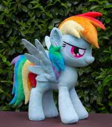 Size: 2775x3153 | Tagged: safe, artist:rtryart, imported from derpibooru, rainbow dash, pegasus, pony, female, irl, mare, outdoors, photo, plushie, smiling, solo, spread wings, standing, wings