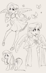 Size: 1303x2048 | Tagged: safe, artist:misskali, edit, imported from derpibooru, fluttershy, butterfly, human, pegasus, pony, clothes, dress, female, flower, flower in hair, humanized, monochrome, sketch, traditional art, winged humanization, wings