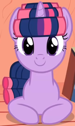 Size: 362x604 | Tagged: safe, imported from derpibooru, screencap, twilight sparkle, pony, unicorn, look before you sleep, season 1, book, cropped, cute, female, golden oaks library, hair curlers, looking at you, lying down, mare, ponyloaf, prone, sitting, solo, twiabetes, unicorn twilight