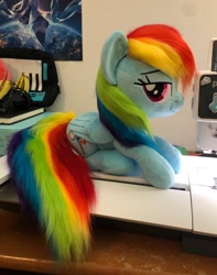Size: 1250x1590 | Tagged: safe, artist:buttercupbabyppg, imported from derpibooru, rainbow dash, pegasus, pony, female, folded wings, irl, lidded eyes, mare, photo, plushie, sitting, smiling, solo, wings