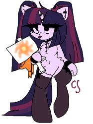 Size: 764x1024 | Tagged: safe, artist:cutiesparke, imported from derpibooru, twilight sparkle, pony, semi-anthro, :p, alternate design, alternate hairstyle, alternate universe, belly button, bracelet, butt fluff, chest fluff, choker, clothes, ear fluff, ear piercing, earring, female, horn, horn jewelry, jewelry, piercing, raised leg, ribbon, sign, solo, stockings, sun, thigh highs, tongue out, unamused