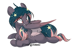 Size: 1943x1375 | Tagged: safe, artist:kez, imported from derpibooru, oc, oc only, oc:star universe, pegasus, pony, cute, ethereal mane, female, fluffy, grooming, mare, missing cutie mark, pegasus oc, preening, simple background, solo, spread wings, starry mane, white background, wings