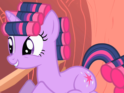 Size: 896x669 | Tagged: safe, imported from derpibooru, screencap, twilight sparkle, pony, unicorn, look before you sleep, season 1, cropped, cute, female, golden oaks library, grin, hair curlers, mare, smiling, solo, twiabetes, unicorn twilight