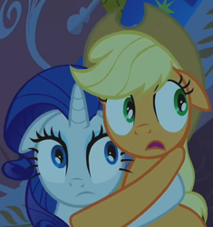 Size: 530x565 | Tagged: safe, imported from derpibooru, screencap, applejack, rarity, earth pony, pony, unicorn, look before you sleep, season 1, duo, duo female, female, hug, mare