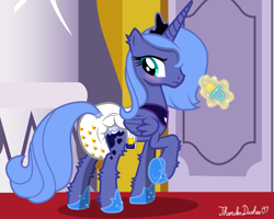 Size: 1280x1024 | Tagged: safe, alternate version, artist:thunderdasher07, derpibooru exclusive, imported from derpibooru, princess luna, alicorn, pony, april fools 2023, blushing, crescent moon, crown, diaper, diaper fetish, door, ear fluff, female, fetish, hallway, implied princess celestia, jewelry, leg fluff, levitation, magic, magic aura, mare, moon, non-baby in diaper, pacifier, peytral, pillar, plushie, poofy diaper, raised hoof, regalia, s1 luna, solo, teddy bear, telekinesis