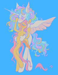 Size: 740x958 | Tagged: safe, artist:webkinzworldz, imported from derpibooru, fluttershy, princess celestia, alicorn, pegasus, pony, semi-anthro, blue background, blushing, duo, eyestrain warning, female, flutterlestia, hug, lesbian, shipping, simple background