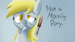 Size: 1366x768 | Tagged: safe, artist:thederpyenthusiast, imported from derpibooru, derpy hooves, pegasus, pony, brushing mane, brushing teeth, female, looking at you, looking offscreen, mare, simple background, solo, text