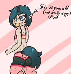 Size: 954x1000 | Tagged: safe, artist:lazerblues, imported from derpibooru, oc, oc only, oc:mistake, changeling, satyr, bra, changeling oc, clothes, female, horn, kirby, kirby (series), offspring, panties, parent:queen chrysalis, ponytail, solo, underwear