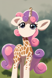 Size: 512x768 | Tagged: safe, imported from derpibooru, giraffe, ai content, ai generated, generator:stable diffusion, giraffied, looking at you, no mouth, prompter:sweetai belle, solo, species swap, sweetie giraffe