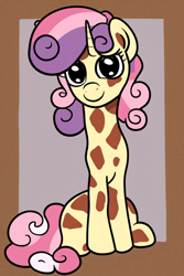 Size: 512x768 | Tagged: safe, imported from derpibooru, sweetie belle, giraffe, ai content, ai generated, border, generator:stable diffusion, giraffied, prompter:sweetai belle, smiling, solo, species swap, sweetie giraffe