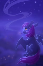 Size: 1500x2300 | Tagged: safe, artist:scheadar, imported from derpibooru, oc, oc only, bat pony, pony, bat pony oc, cigarette, ear piercing, earring, female, jewelry, lidded eyes, mare, night, piercing, sitting, smoking, solo, stars