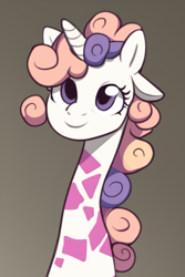 Size: 512x768 | Tagged: safe, imported from derpibooru, sweetie belle, giraffe, ai content, ai generated, generator:stable diffusion, giraffied, long neck, looking at you, prompter:sweetai belle, smiling, smiling at you, solo, species swap, sweetie giraffe