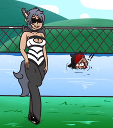 Size: 885x1000 | Tagged: safe, artist:lazerblues, imported from derpibooru, oc, oc:bella, oc:yuzu, satyr, blushing, clothes, ear piercing, implied lesbian, offspring, parent:oc:miss eri, piercing, sunglasses, swimming pool, swimsuit, wings